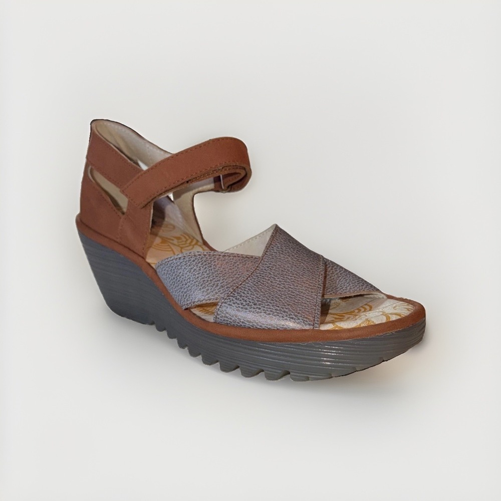 Fly London Yent Ankle Strap Wedge Sandal Leather Brown Bronze US 9-9.5 / EU 40